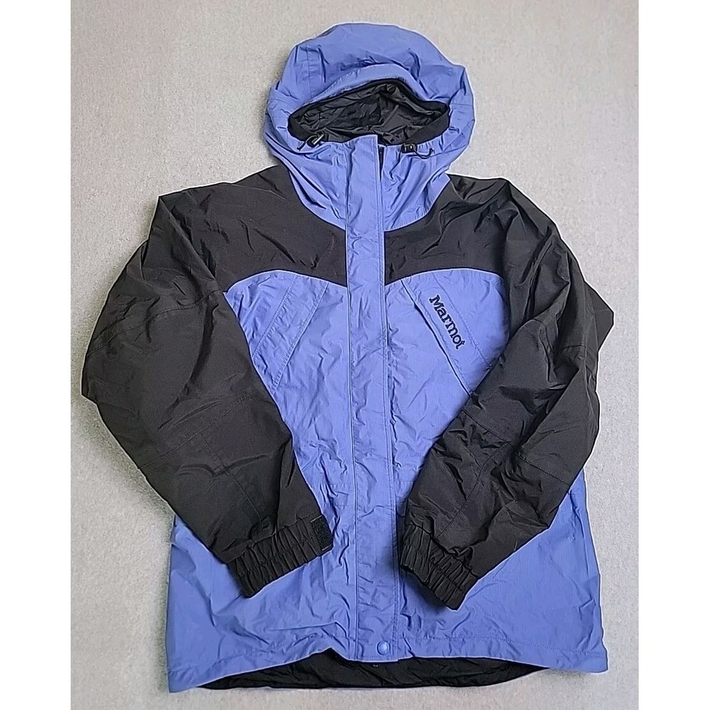 Marmot Shell Jacket Womens Large Blue Black Colorblock Hooded Technical Coat